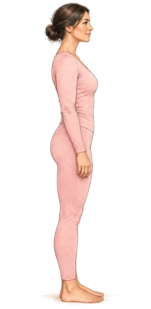 Ilustração de perfil com o corpo alinhado sobre os pés