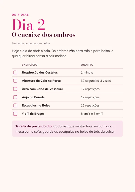 Página do Dia 2 com o treino do encaixe dos ombros